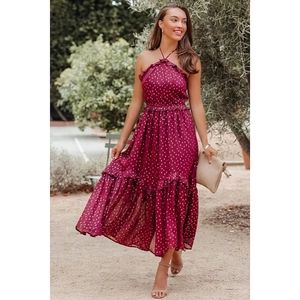 Plus Size ALEXANDRA Polka Dot Halter Maxi Dress With Gold Detailing